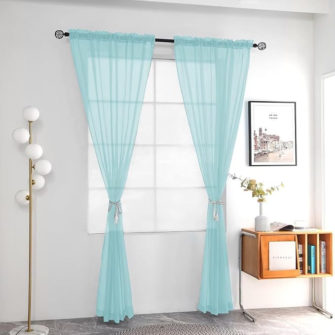 youleyar Solid Sheer Rod Pocket Curtain Voile Draperies 2 Panels White Beige - Image 2