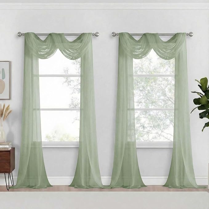 Green Sheer Curtains 216 Inches Long, Extra Long Light Filtering Modern Scarf by Home