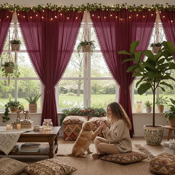 WAZZIO Boho Lace Curtains 63 Inches 2 Panel, Light Filtering Privacy Tassel & - Image 4