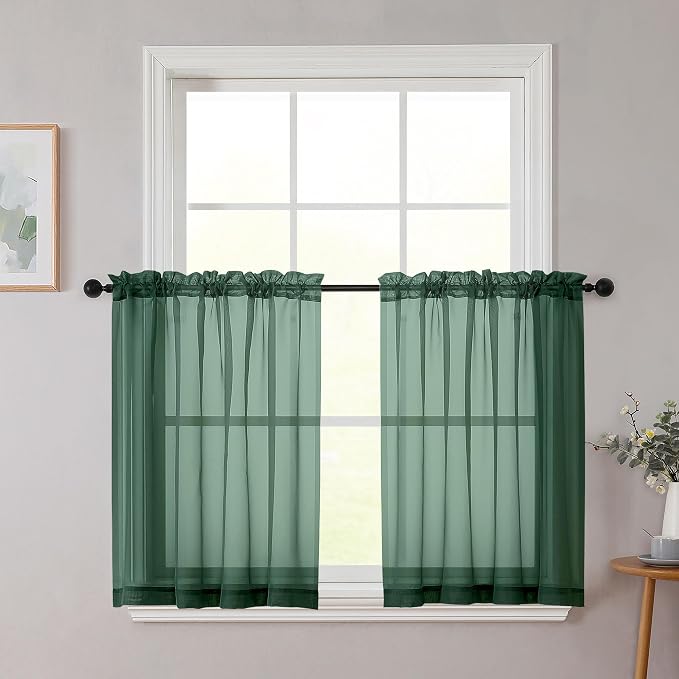 Hunter Green Kitchen Curtains 30 Inch Length Tier 2 PCS, Solid Soft Half by WelvetBLK