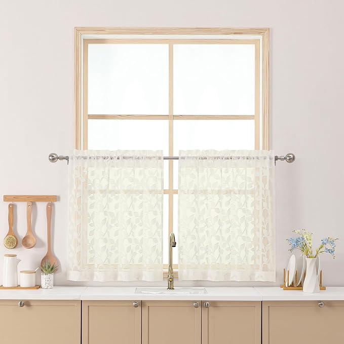 Chyhomenyc Ivory Sheer Curtains 24 Inch Length, Light Filtering Leaf Tufted by Chyhomenyc