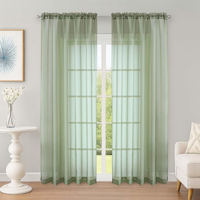 OWENIE Sheer Curtains 84 Inches Long 2 Panels Set, Sage Green Sheer Curtain by OWENIE