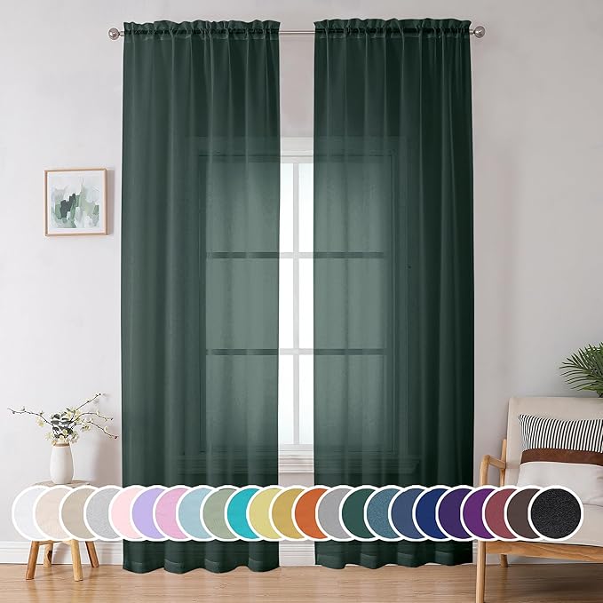 OWENIE Green Sheer Curtain 96 Inches Long 2 Panels Set by OWENIE