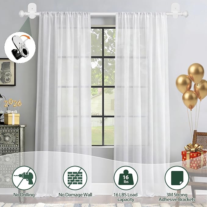 KAMANINA White Curtain Rod No Drilling 32 to 58 Inches, 5/8 Inch Adjustable - Image 2