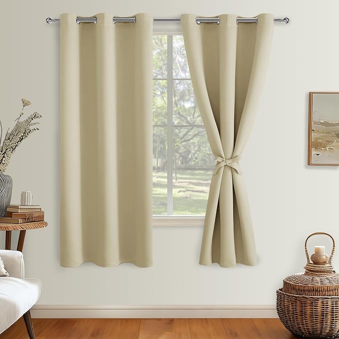 Blackout Curtains for Bedroom, Light Beige, 38 x 63 Inch, 2 Panels | Thermal by Hiasan