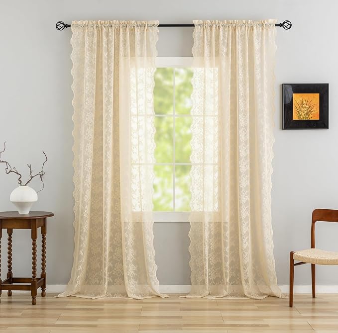 YJ YANJUN Vintage Lace Curtains 84 Inches Long-Retro Floral Beige Sheer Curtain - Image 2