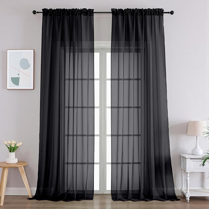 Gwine Sheer Black Curtains 96 Inches Long 2 Panels Set, Light Filtering Voile by Gwine