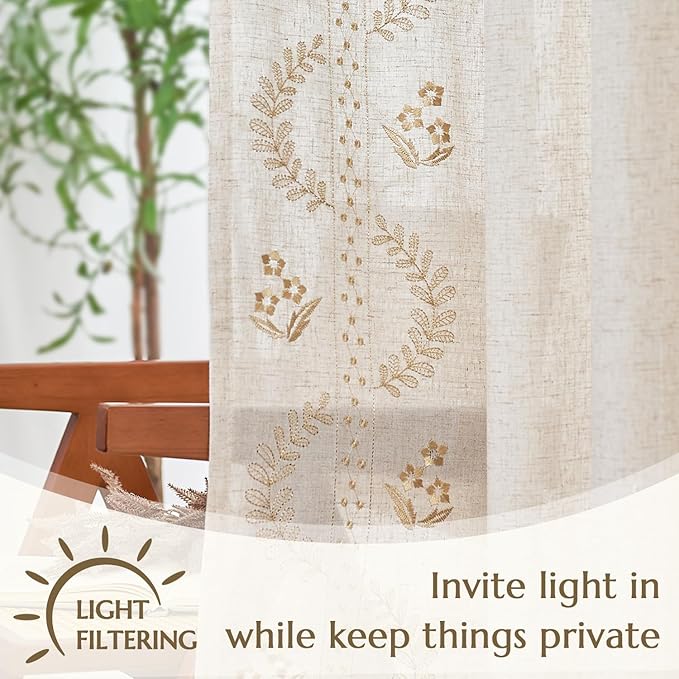 jinchan Belrose Linen Curtains for Bedroom Floral Curtains 108 Inch Length - Image 5