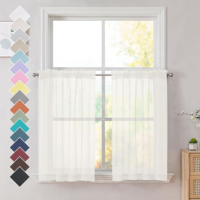 OVZME Ivory Sheer Curtains 36 Inch Length Kitchen Tiers by OVZME