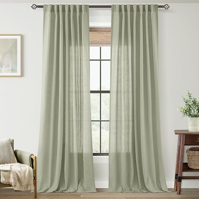 Linen Blend Sage Green Curtains 90 inch Length 2 Panels by Jolilight