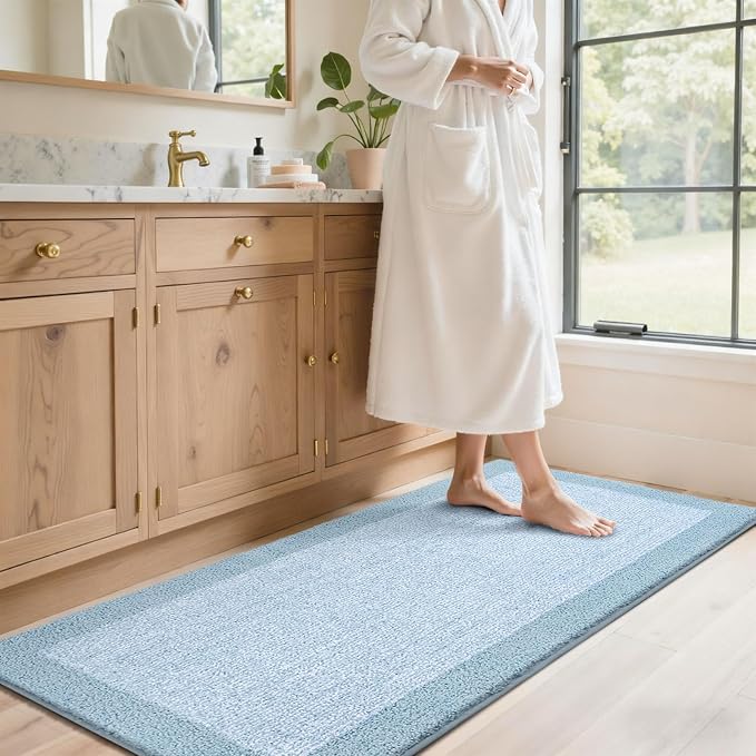 70x24 Long Bathroom Rugs Washable Non Slip, Light Blue Bath Mat - Image 3