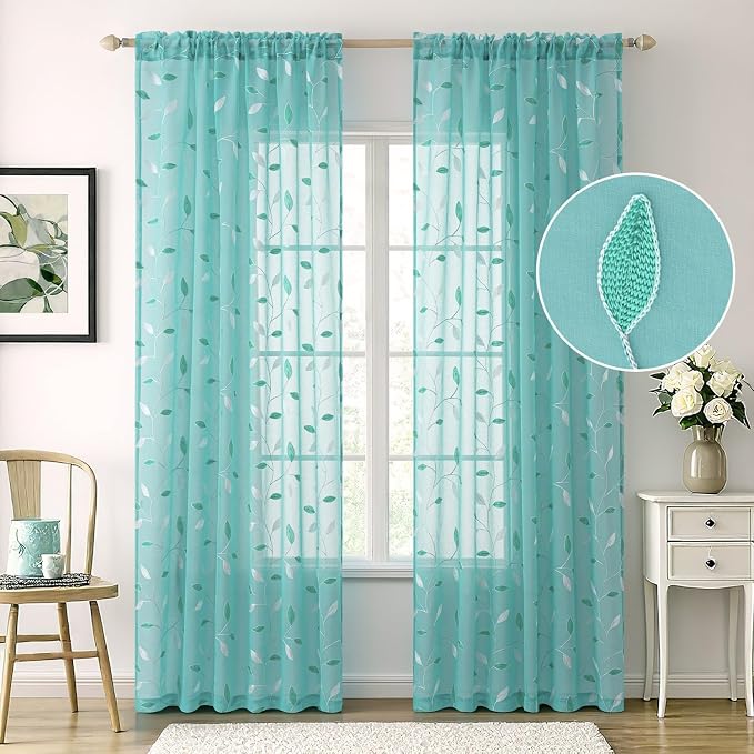 MIULEE Turquoise Sheer Curtains 2 Panels Embroidered Leaf Patterned Rod Pocket - Image 2