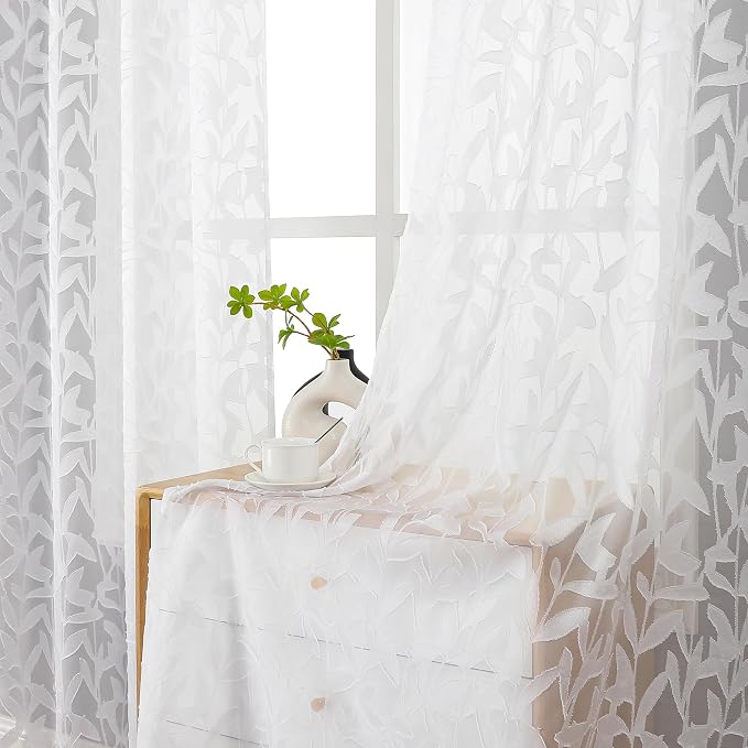 Lecloud Leia White Sheer Curtains 108 Inches Long 2 Panels, Airy Jacquard Leaf - Image 7