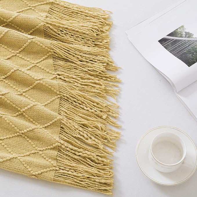 BOURINA Mustard Throw Blanket 60x80 Inches Throw Textured Solid Soft Sofa Throw - Image 3