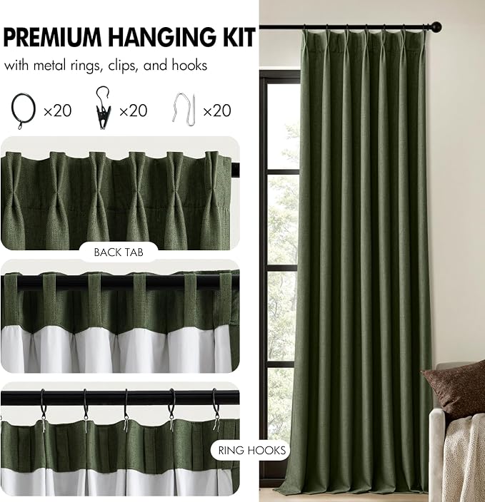 MIULEE Olive Green Pinch Pleated 100% Blackout Linen Curtains 40x90 Inches | - Image 8