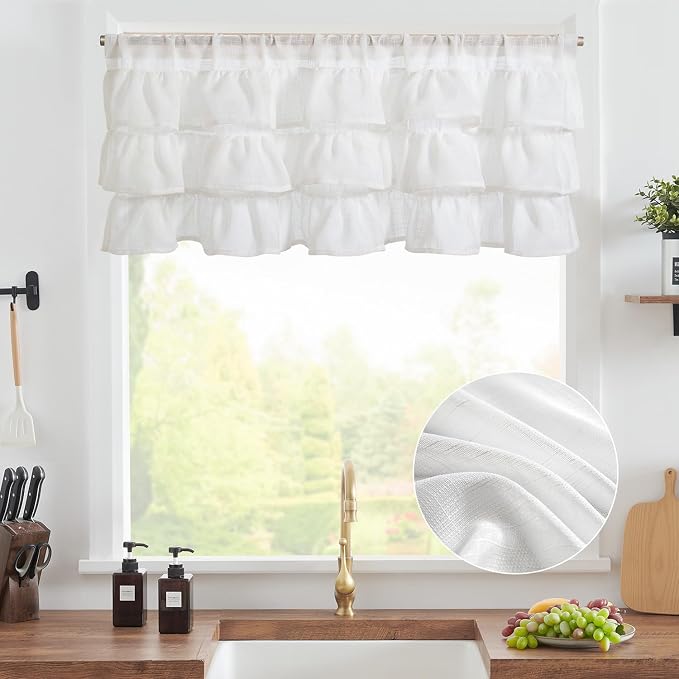 jinchan Ruffled Valance Curtain Slubbed Crossed Kitchen Valance Vintage - Image 2