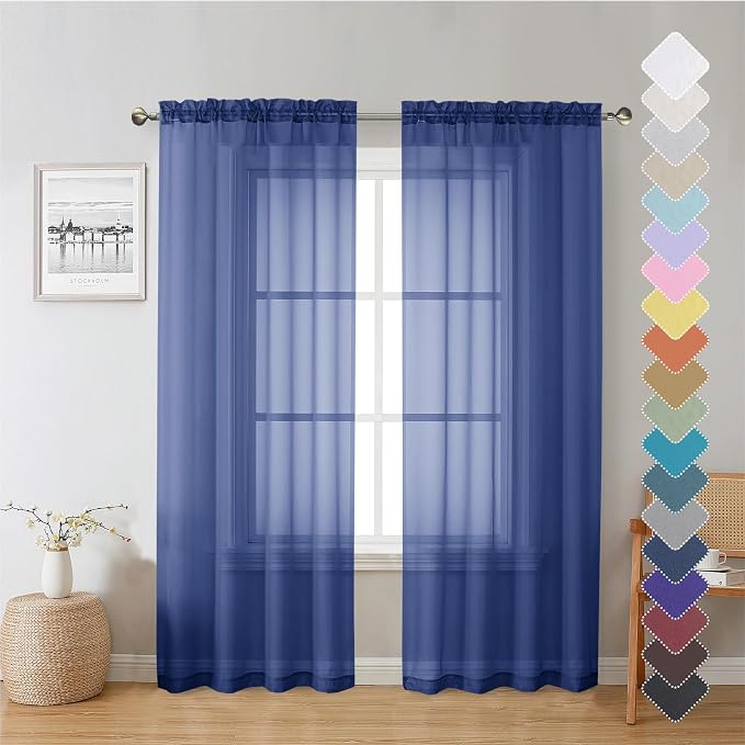 Lecloud Royal Blue Sheer Curtains 72 Inches Long 2 Panels, Rod Pocket Voile by Lecloud