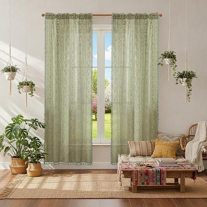 WAZZIO Boho Lace Curtains 2 Panels 63 Inch -Vintage Victorian Sheer Panel Drape - Image 3
