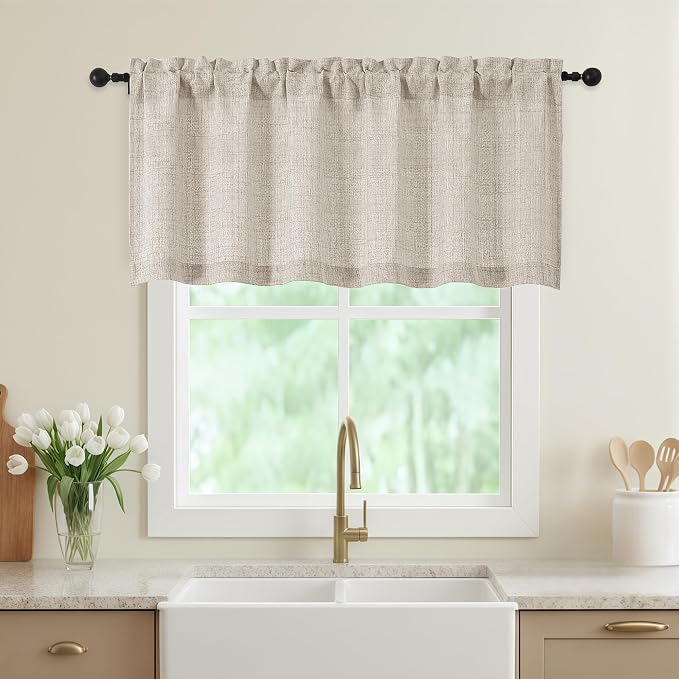 Linen Valances for Windows, Light Filtering Faux Linen Textured Small Short by WelvetBLK