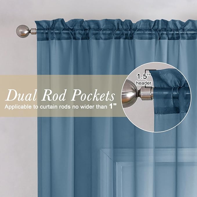 Lecloud Dusty Blue Sheer Curtains 54 Inch Length 2 Panels, Light Filtering - Image 2