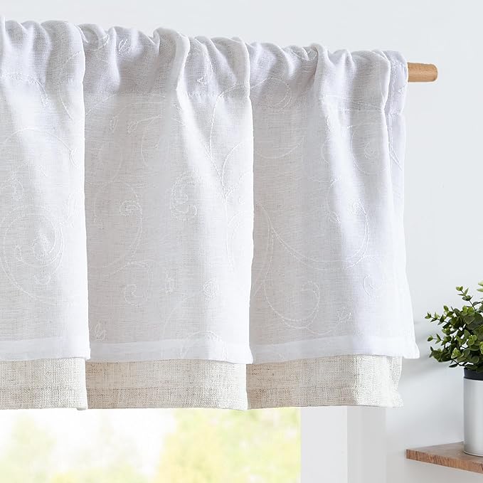 jinchan Linen Valance for Window Embroidered Farmhouse Light Filtering Voile by JINCHAN