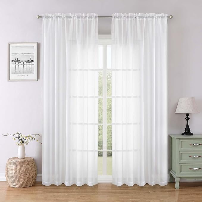 Lecloud White Sheer Curtains 84 Inches Long 2 Panels, Solid Airy Voile Extra by Lecloud