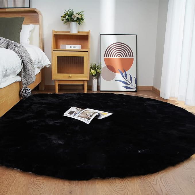 Ghouse Faux Rabbit Fur Round Rug 6ft Black Round Rugs - Image 2
