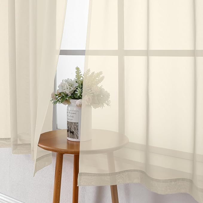 Gwine Cream Sheer Curtain Tiers 24 Inch Length 2 Panels, Light Filtering Voile - Image 8