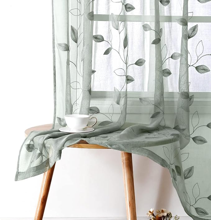 HOMEIDEAS Sage Green Sheer Curtains 52 X 63 Inches Length 2 Panels Embroidered by HOMEIDEAS