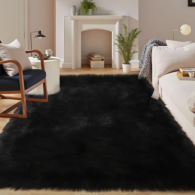 Latepis Black Faux Fur Rug 8x10, Faux Fur Sheepskin Rug by Latepis