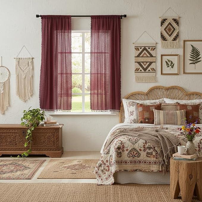 WAZZIO Boho Lace Curtains 63 Inches 2 Panel, Light Filtering Privacy Tassel & - Image 5