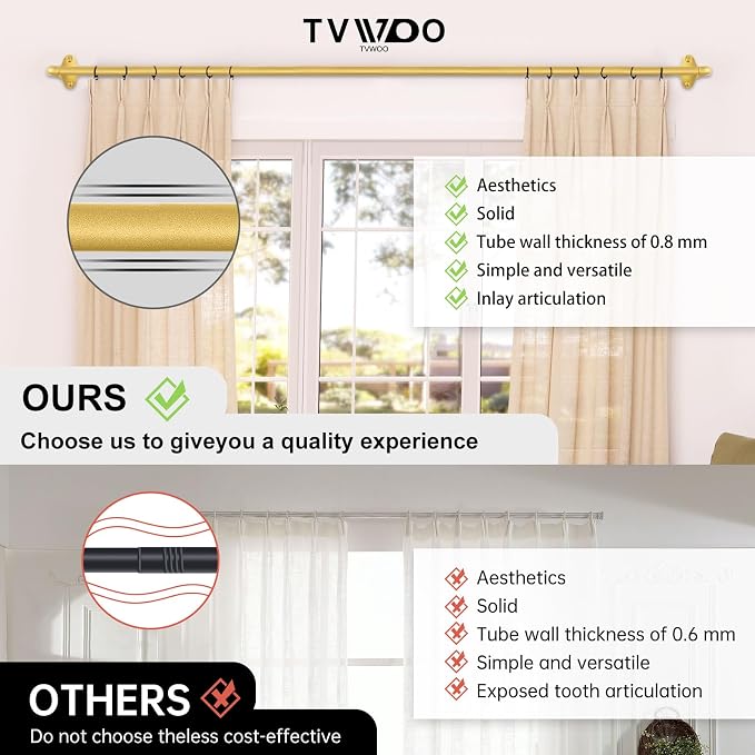 TVWOO Gold Wrap Around Curtain Rods 2 Pack:Small Blackout Adjustable Window - Image 6