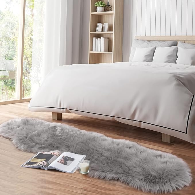 Faux Fur Rug for Bedroom, 2x6ft Grey Plush Area Shag Rugs Floor Carpets for - Image 3