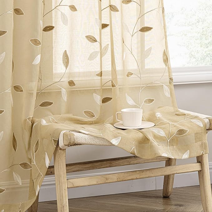 MIULEE Beige Sheer Curtains 2 Panels Embroidered Leaf Patterned Rod Pocket by MIULEE