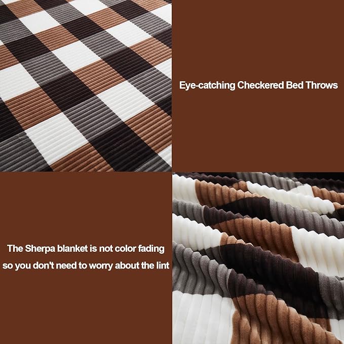 PU MEI Sherpa Blanket Full/Queen Plaid Thick Bed Blanket, 90”*80” Super Soft - Image 3