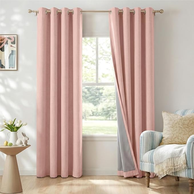 100% Blackout Linen Textured Curtains 80 Inch Long, Blush Pink | 100% Blackout by 100BlackoutShield