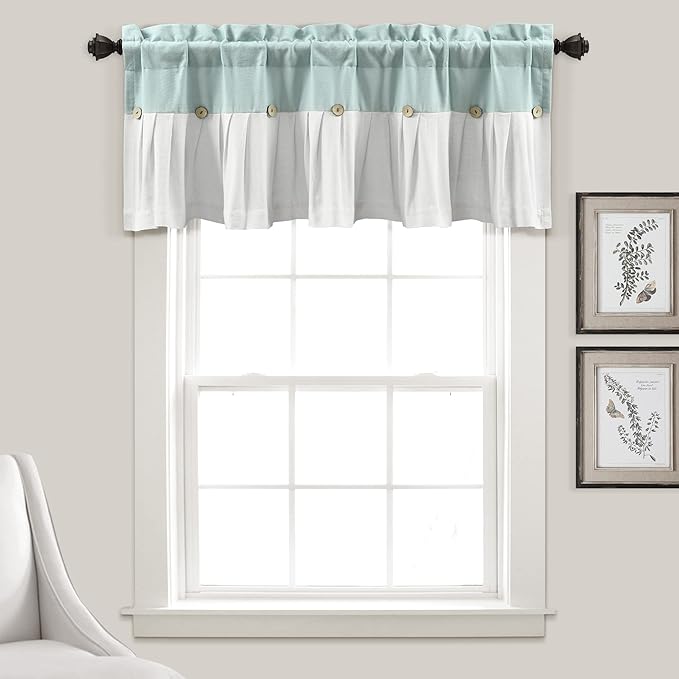 Lush Decor Linen Button Farmhouse Valance Curtians 52"W x 18"L Blue & White by LushDecor