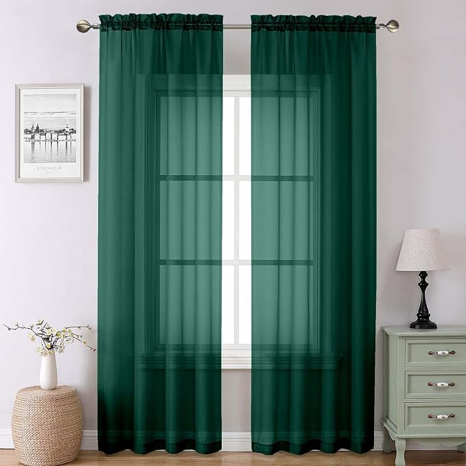Lecloud Hunter Green Sheer Curtains 90 Inches Long 2 Panels, Airy Voile Solid by Lecloud