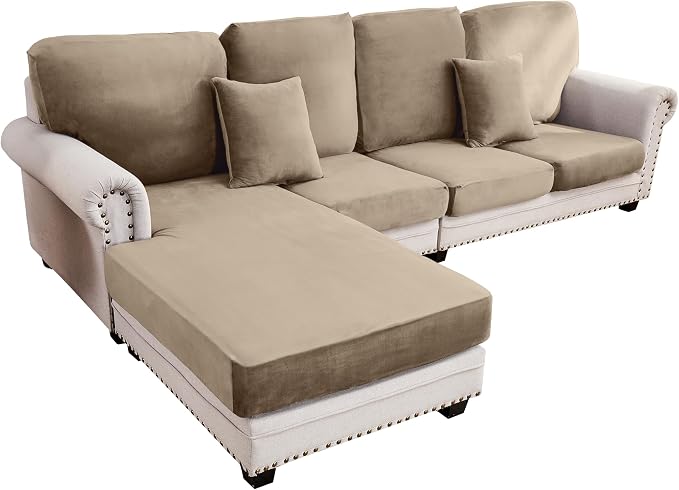 Couch Cover 4-Piece Elastic Velvet Couch Cushion Covers & Chaise Slipcovers by Taque