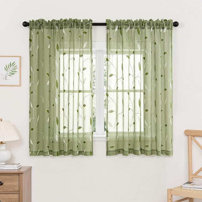 MIULEE Sage Green Sheer Curtains 2 Panels Embroidered Leaf Patterned Rod Pocket by MIULEE