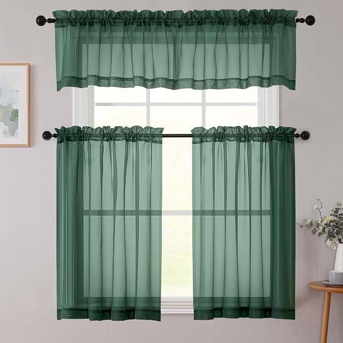 Hunter Green Kitchen Curtains 30 Inch Length Tier 2 PCS, Solid Soft Half - Image 8