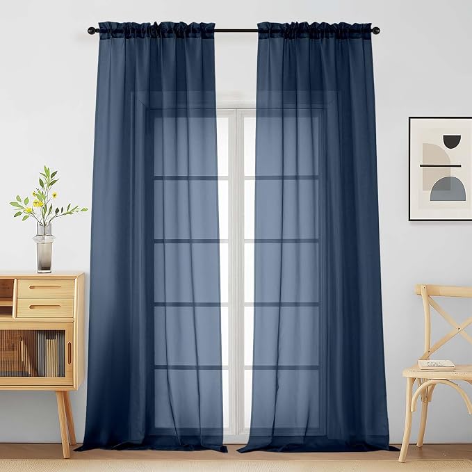 Navy Blue Sheer Curtains for Window 96 Inches Long 2 Panels, Soft Airy Light by Home