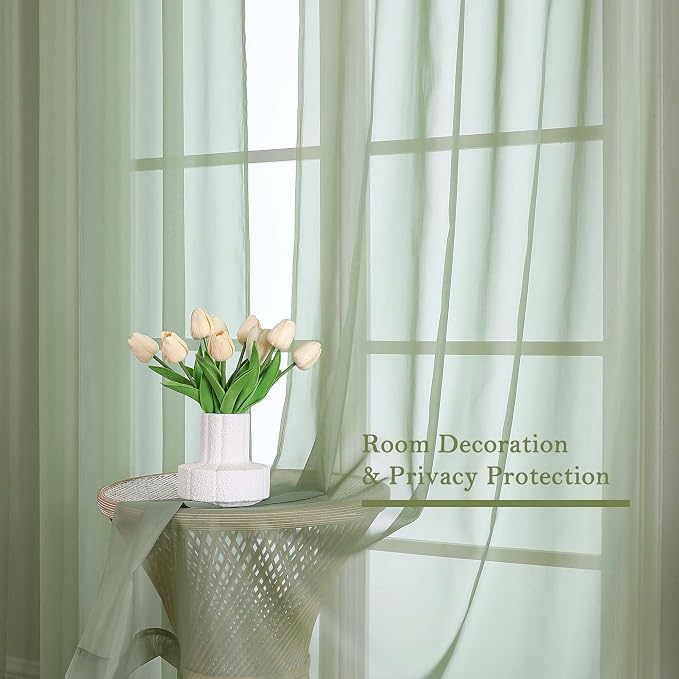 Lecloud Sage Green Sheer Curtains 96 Inches Long 2 Panels, Solid Airy Voile - Image 7