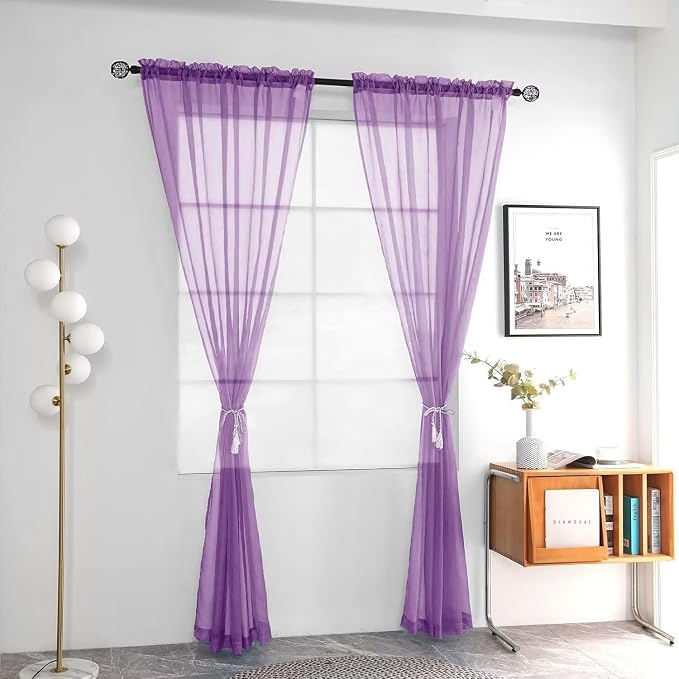 youleyar Solid Sheer Rod Pocket Curtain Voile Draperies 2 Panels White Beige - Image 2