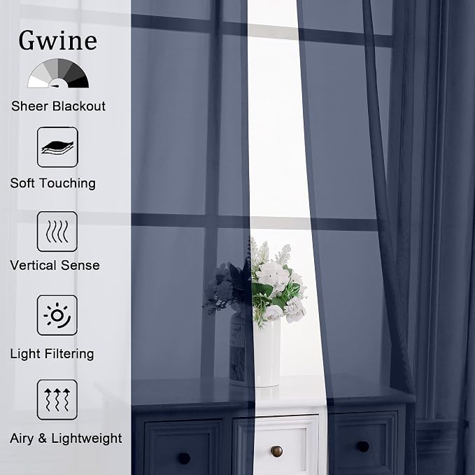 Gwine Navy Blue Sheer Kitchen Curtains 36 Inch Length, Light Filtering Voile - Image 2
