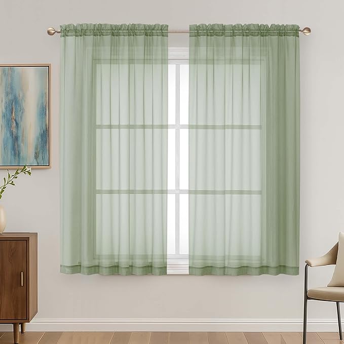 OVZME Sage Green Sheer Curtains 63 Inches Long 2 Panels Set, Light Filtering by OVZME