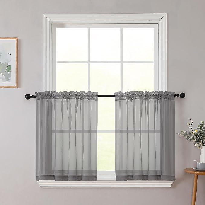 Kitchen Curtains 24 Inch Length Tier 2 Pieces, Cafe Bathroom Basement Rod by WelvetBLK
