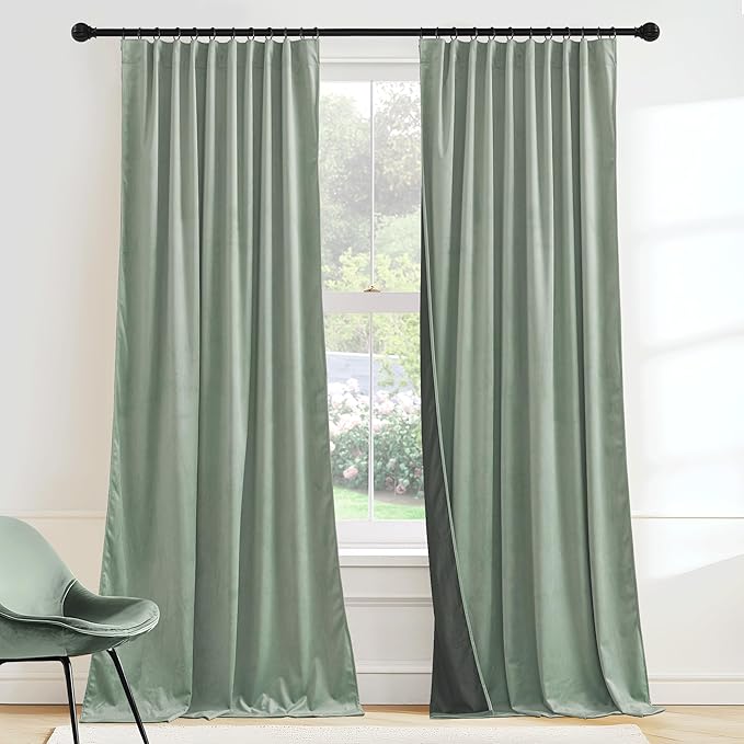 RYB HOME Mint Green Velvet Curtains 102 inches Long, Room Darkening, by RYBHOME