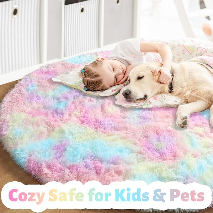Amdrebio Rainbow Fluffy Round Rug 7Ft Kids Rugs - Image 3