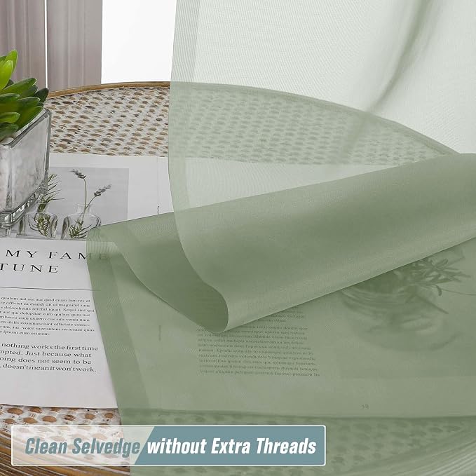 Extra Wide Sheer Sage Green Curtains 84 Inches Long 2 Panels, Soft Airy - Image 2